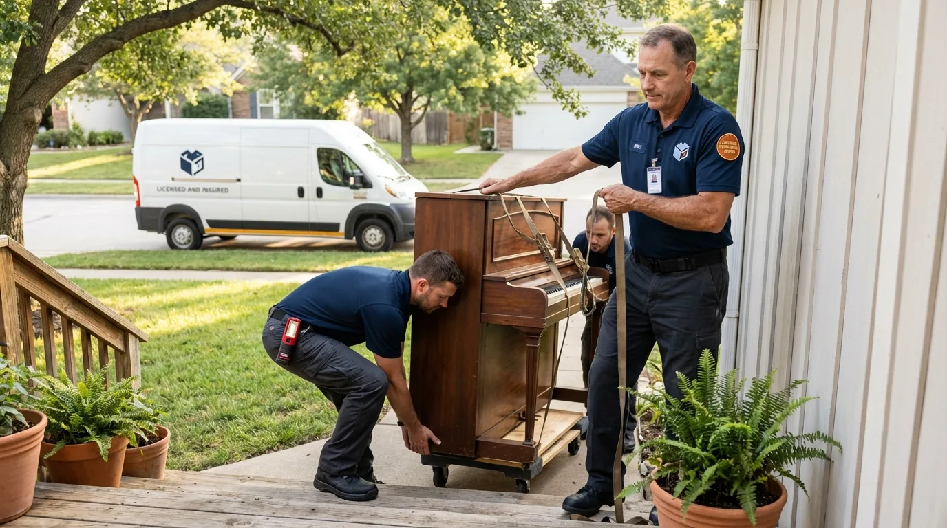 Licensed piano movers securing grand piano in Goodrich, MI