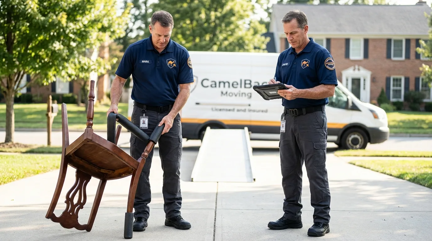 Movers inspecting furniture for damage prevention before loading in Goodrich, MI