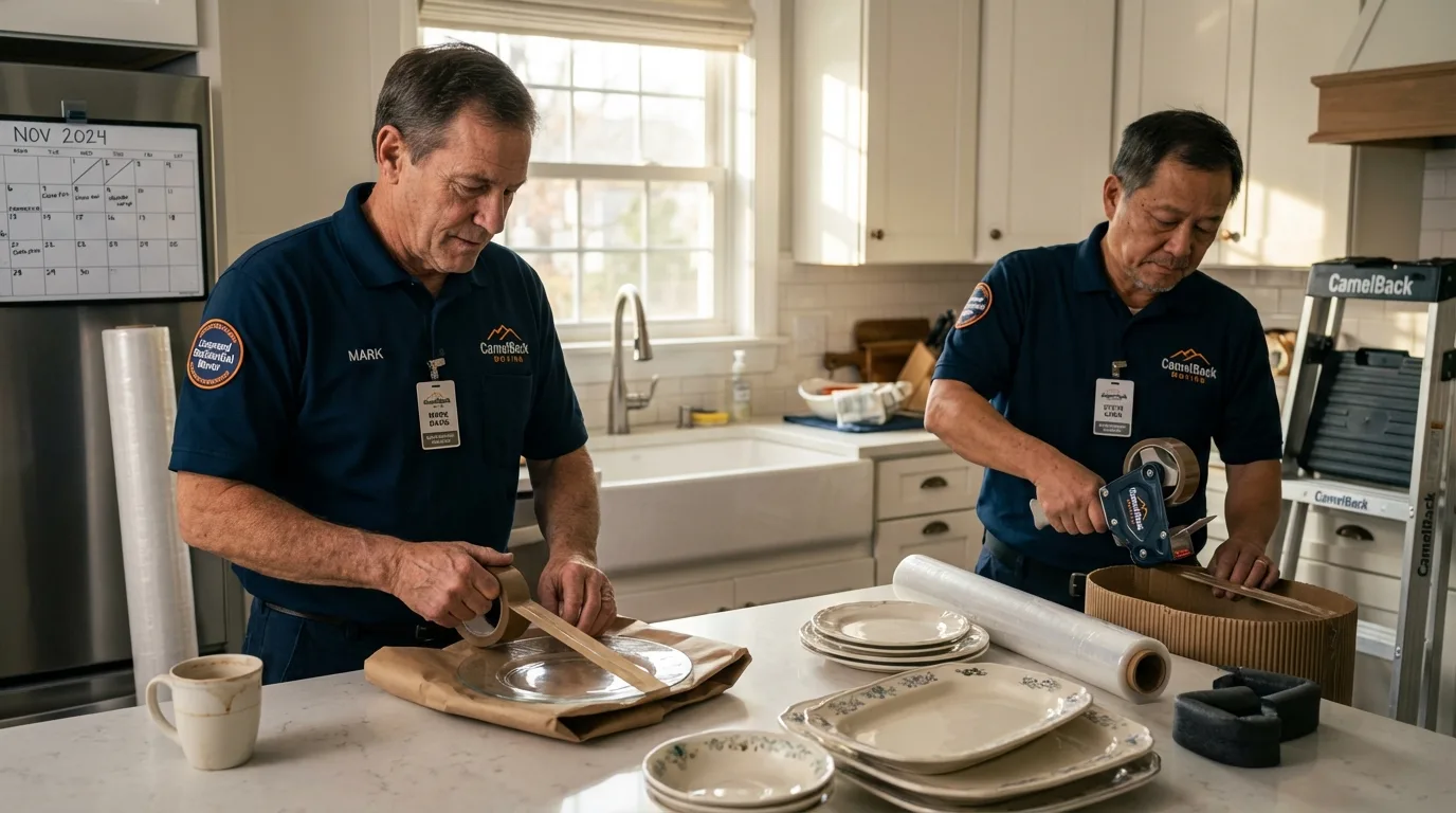 Professional crew packing kitchen dishware in Goodrich, MI